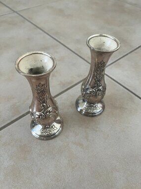 2 silver tone metal japan candlestick holder/bud vase